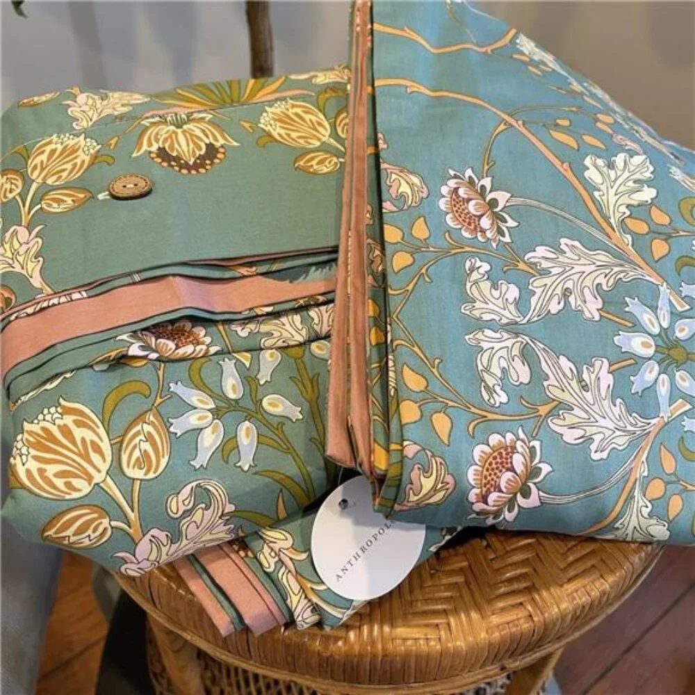 NEW Anthro Teal Reversible Floral Queen / King Boho Duvet Bedding & Sham Set